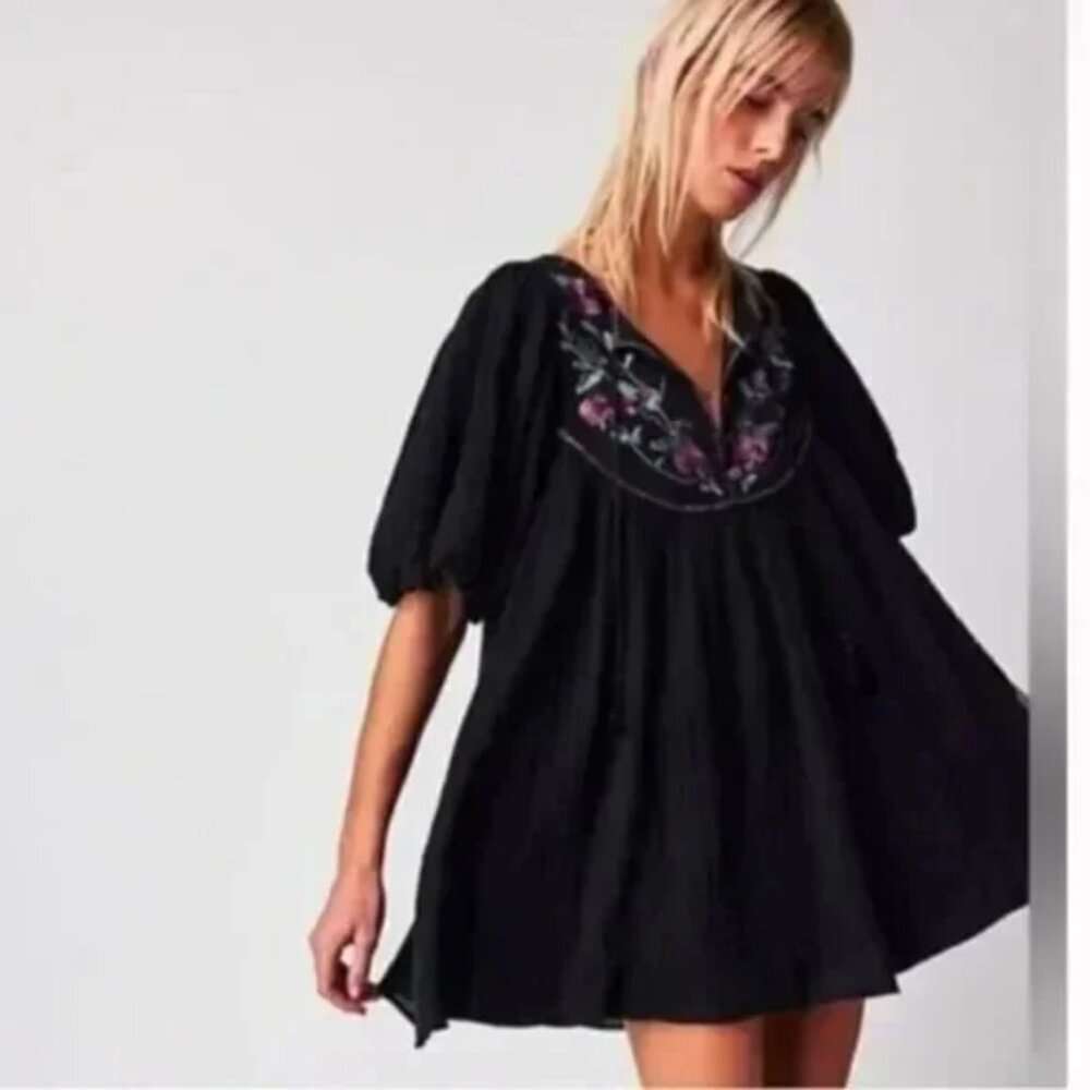 Free People Rosa Linda Embroidered Mini Dress Black NWOT Size XS